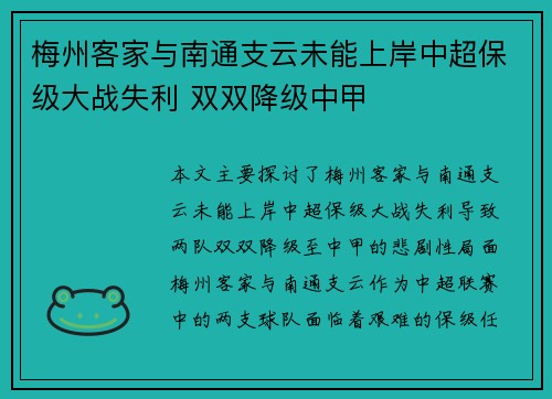 梅州客家与南通支云未能上岸中超保级大战失利 双双降级中甲
