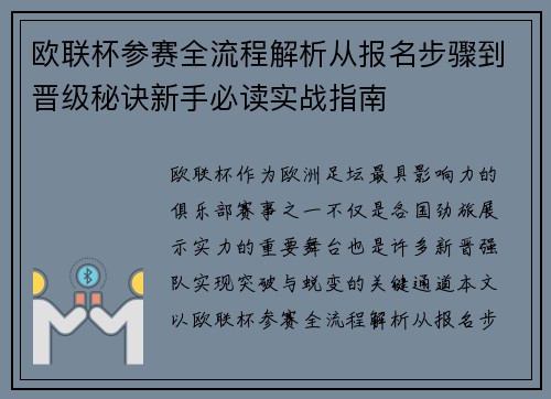 欧联杯参赛全流程解析从报名步骤到晋级秘诀新手必读实战指南